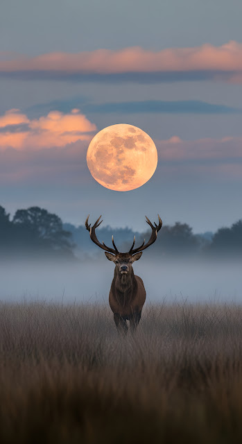 Majestic Stag Under Supermoon Twilight Fog Landscape - Free mobile Wallpaper