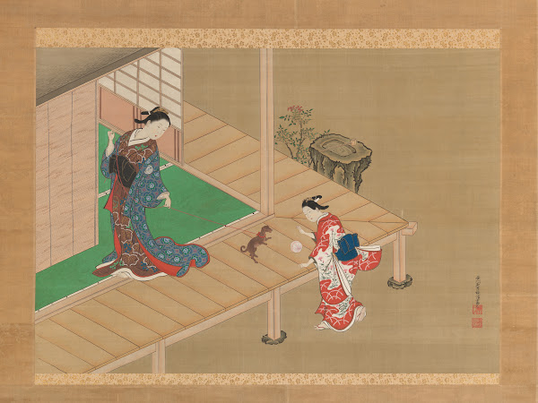 Courtesan and Attendant Playing with a Dog ca 17161736