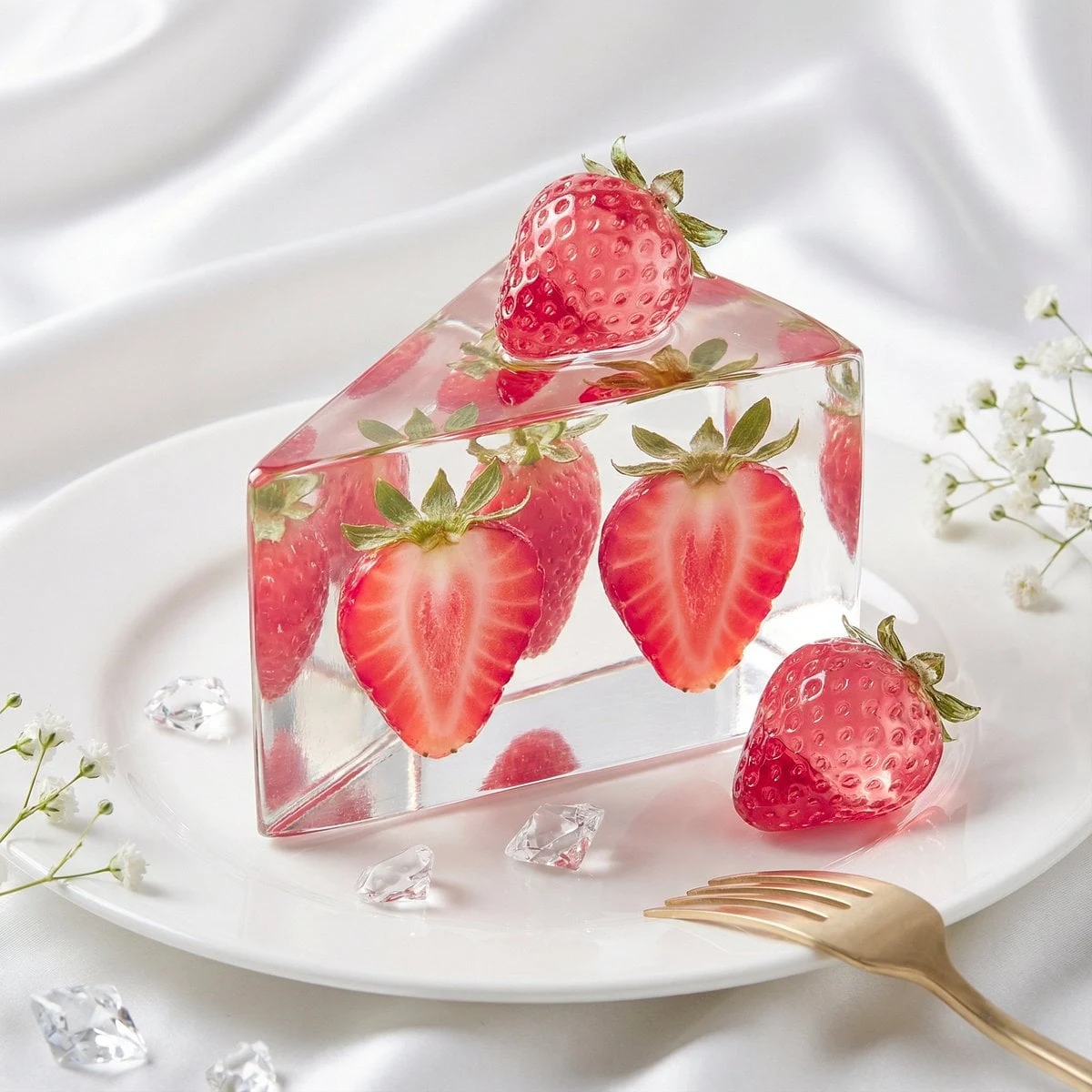 Crea una lujosa naturaleza muerta de moda-editorial de una rebanada afilada de pastel con forma de prisma triangular hecha de cristal duro y transparente...