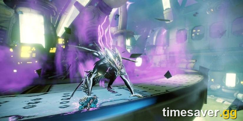 Warframe Banshee channeling Sound Quake, crouched with expanding purple sonic shockwaves damaging nearby enemies