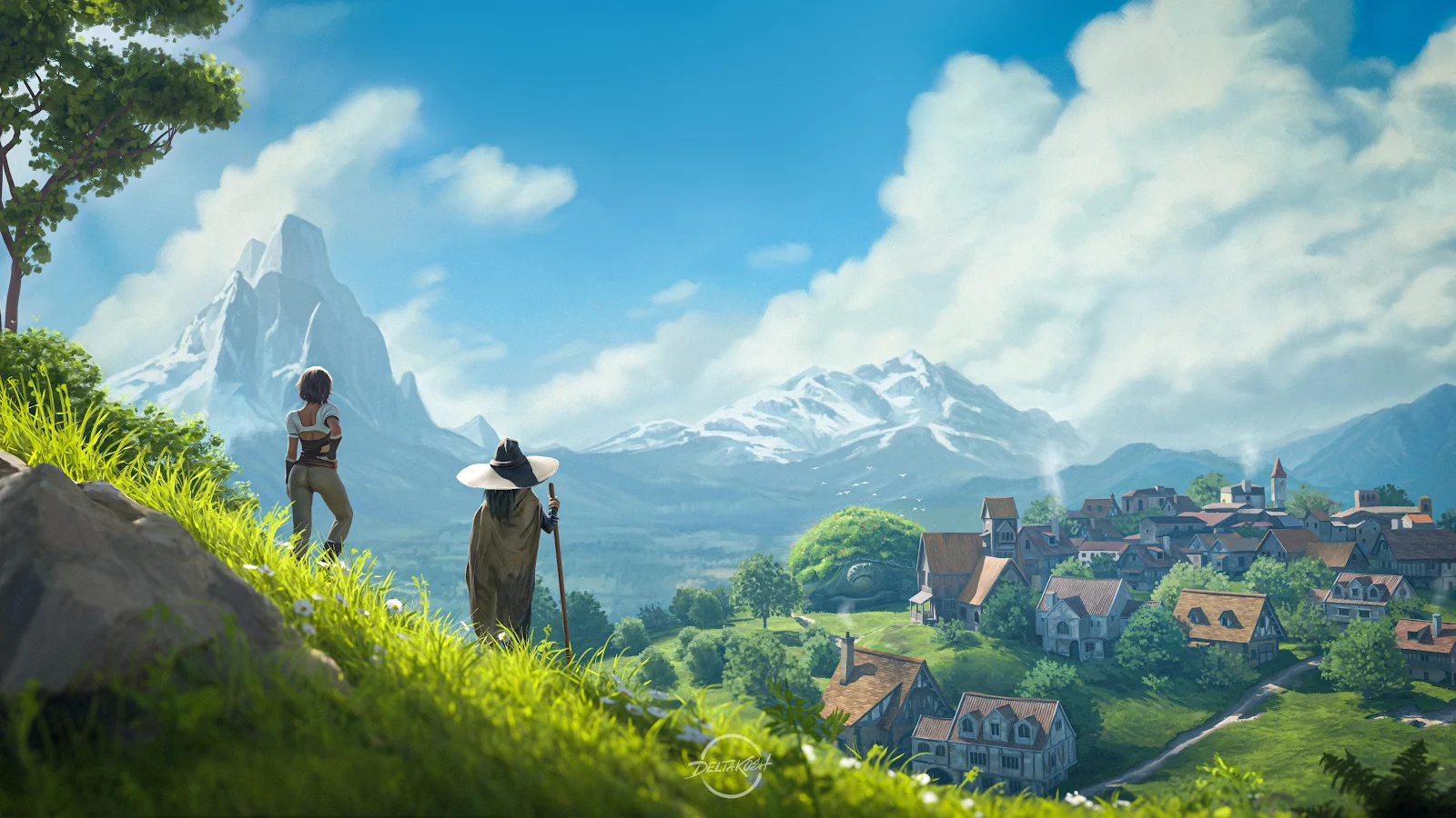 Travelers Overlooking A Fantasy Village - Fantasy Digital Art 4K Wallpaper (3840x2160)