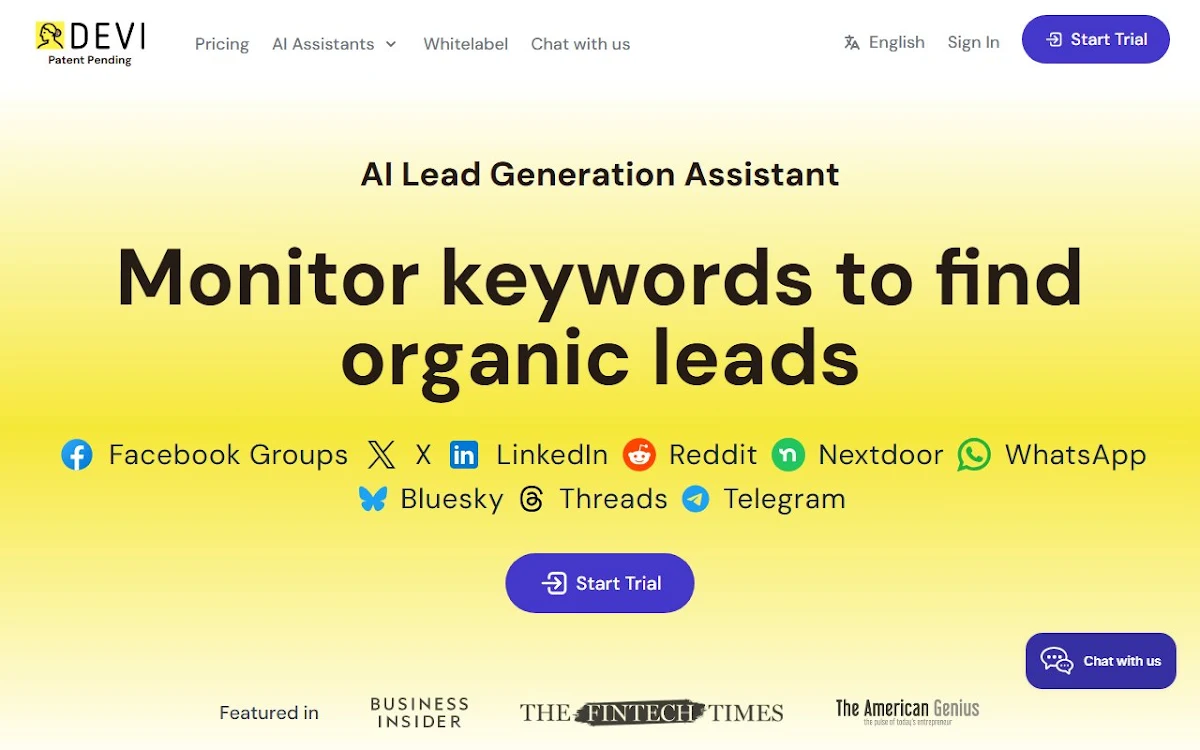 Captura de Devi | AI Social Media Leads Monitoring and Outreach Tool