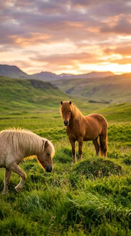 Icelandic Horses in Golden Hour Field