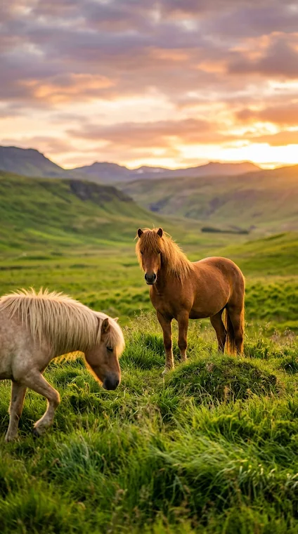 Icelandic Horses in Golden Hour Field