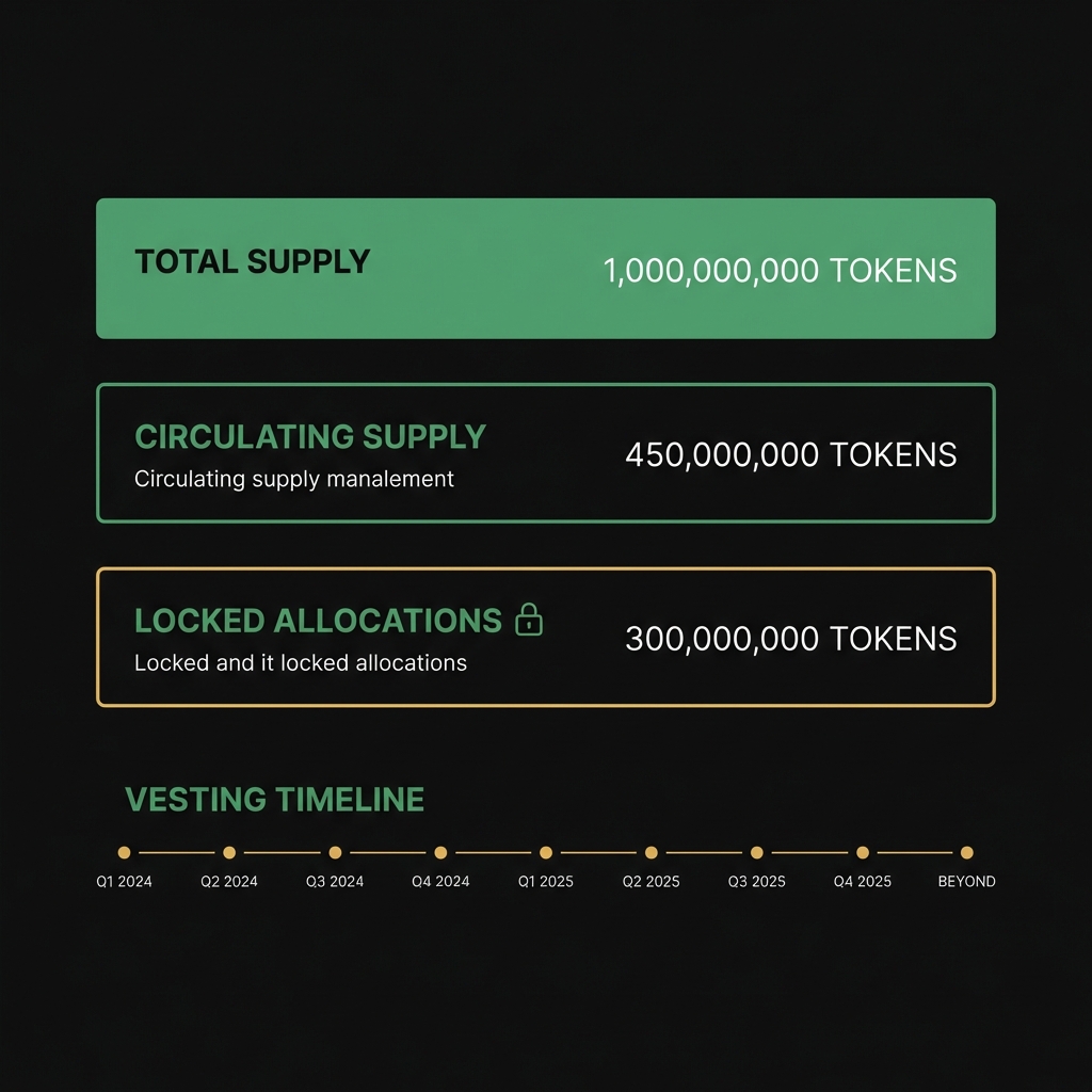 Minimalistic token supply diagram showing total supply circulating supply locked allocations and vesting timeline for crypto to buy article