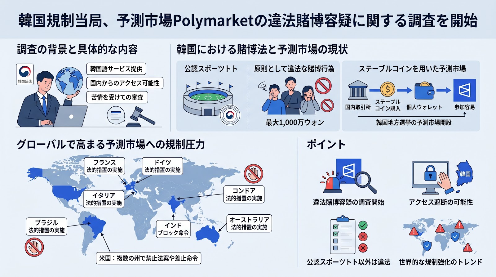 韓国規制当局、予測市場Polymarketの違法賭博容疑に関する調査を開始