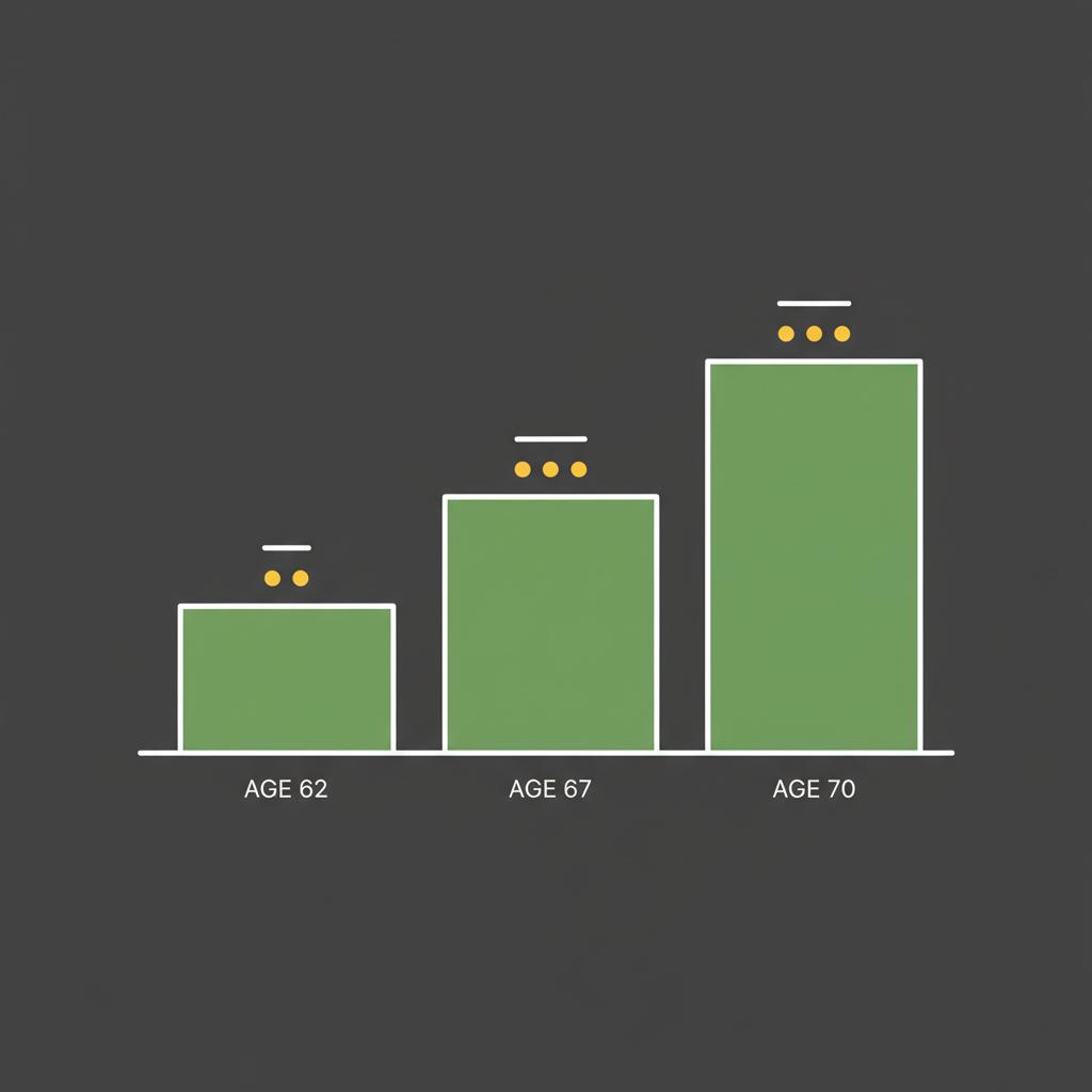Minimalist 2D vector of three ascending flat blocks in Finance Police brand colors on dark background representing claiming ages 62 67 and 70 for retirement planning tips