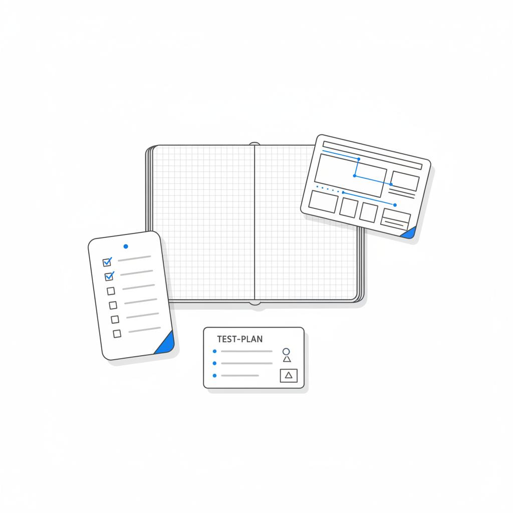 Overhead vector illustration of a clean desk with editorial sprint elements&mdash;checklist, short test-plan card and homepage wireframe sketches; minimalist layout with #1a5bfb accents &mdash; best company for digital marketing