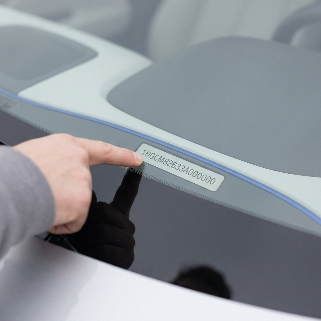 Close up of VIN on driver side dash of chevrolet trax car with hand pointing clear legible characters clean white background CarFax Deals aesthetic