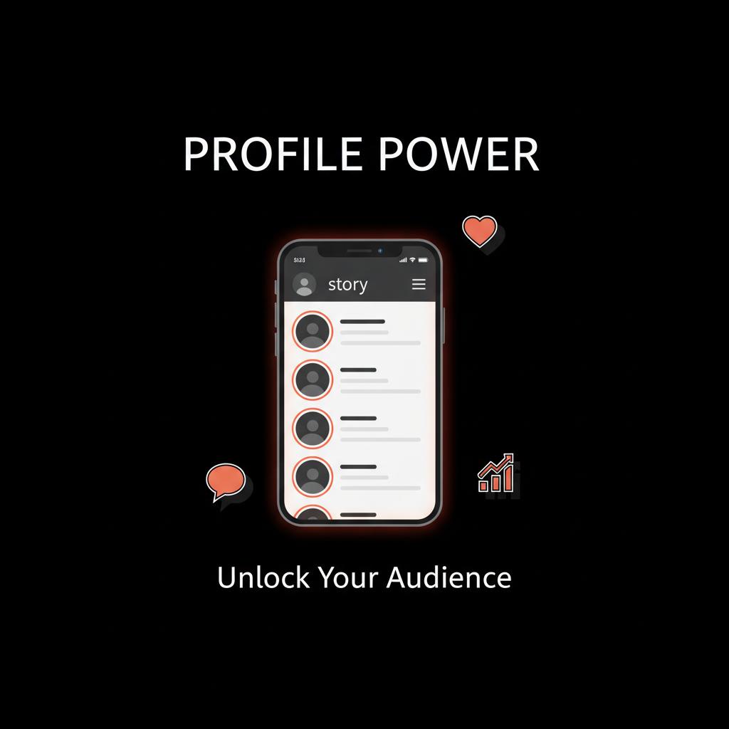 Minimal infographic of a smartphone with a generic story viewer list highlighted and icons for likes, comments and insights — who viewed my Instagram profile