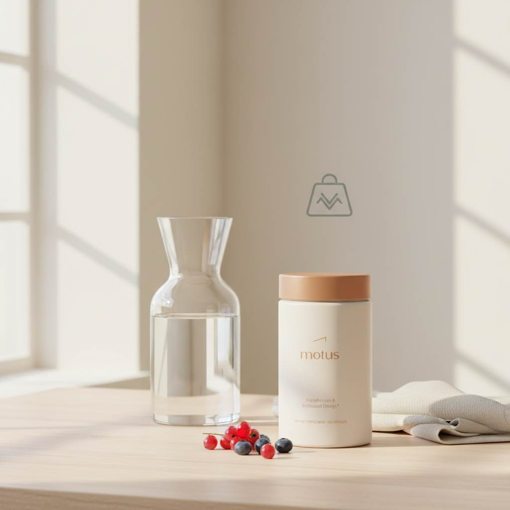 Minimalist product photo of Motus supplement bottle on light wood table with glass carafe, folded linen napkin, berries and Tonum icon — ozempic price without insurance