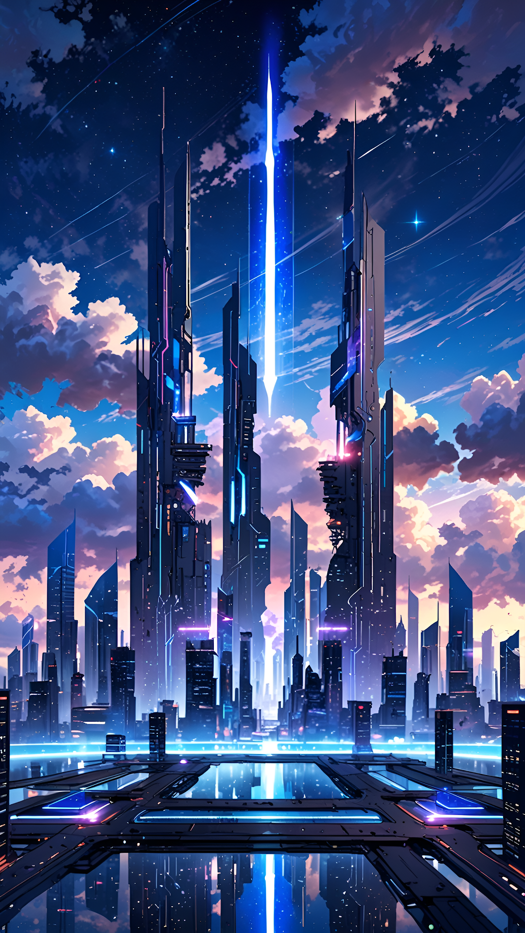 Futuristic City with Towering Skyscrapers and Cosmic Beam - Free 4K mobile Wallpaper