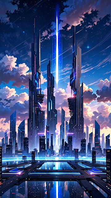 Futuristic City with Towering Skyscrapers and Cosmic Beam - Free mobile Wallpaper