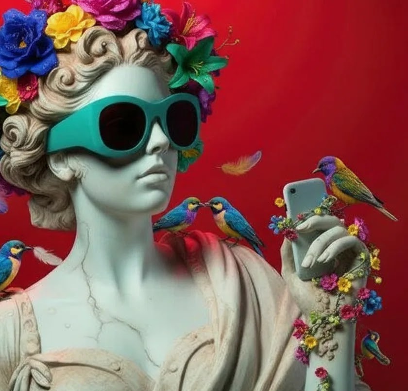 Статуя в очках держит смартфон, на плечах сидят яркие птицы — Instagram как витрина личного бренда
