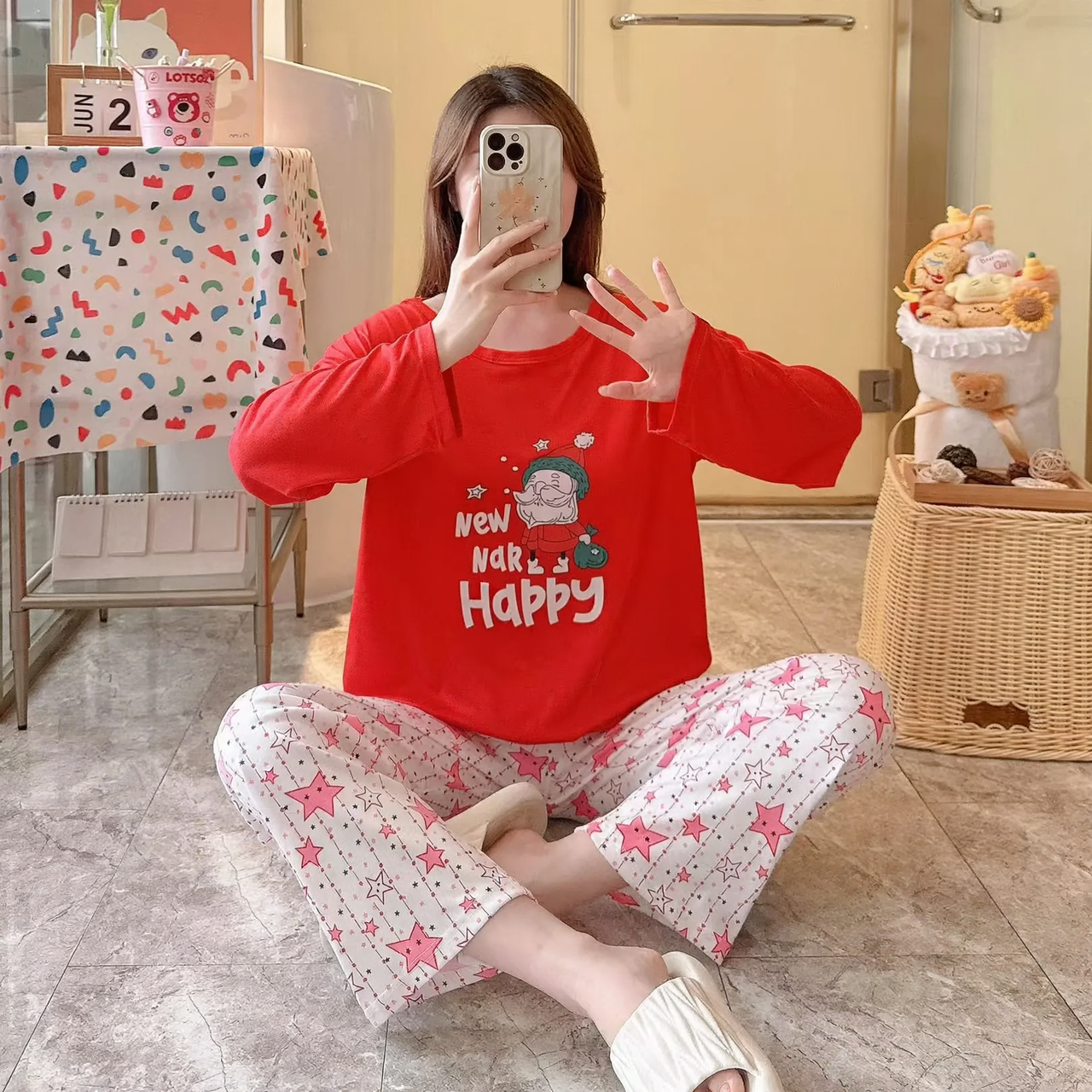 Women's Christmas Pajama, long-sleeved, with reindeer motif