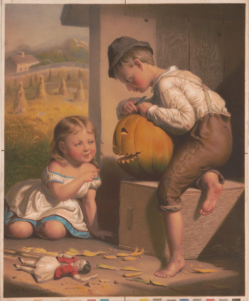Boy and girl carving pumpin into Jack OLantern 1872
