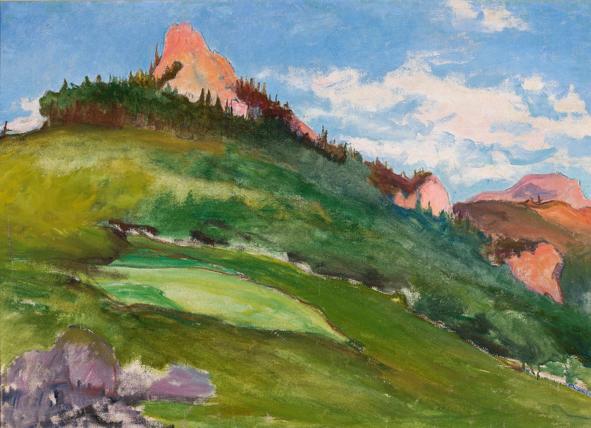 Landscape with pink mountain peaks circa 1906