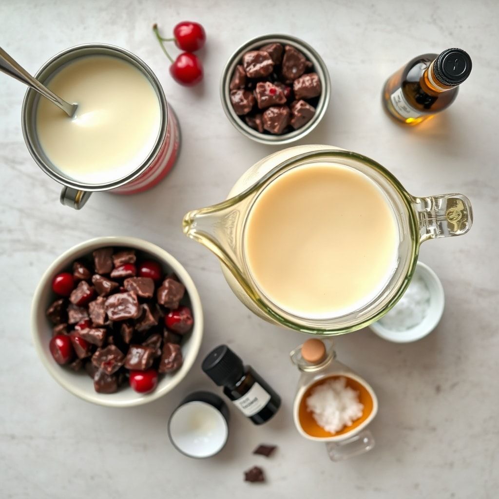 Ingredients for Easy Cherry Garcia Ice Cream Recipe with Chocolate Chunks (No-Churn, 5 Min Prep)