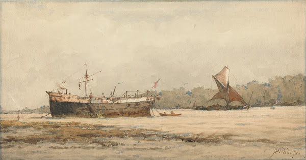A Moored Barque and Barge in a River 1884
