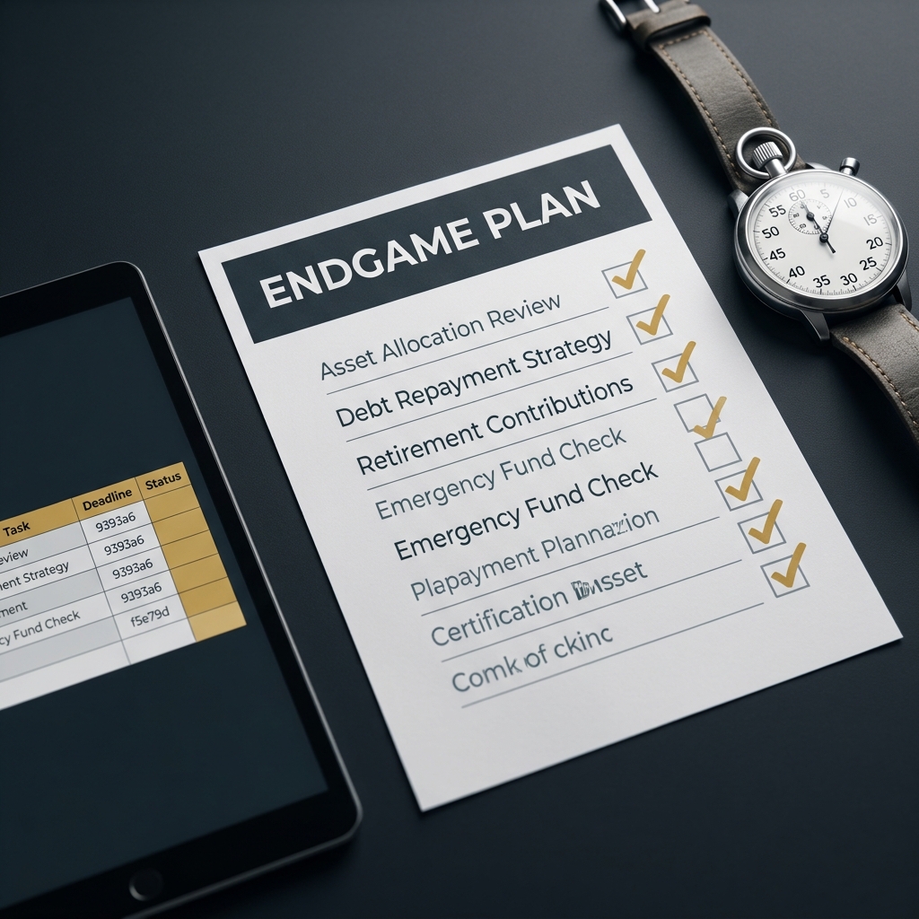 Minimalist close up of an Endgame Plan checklist beside a stopwatch and tablet spreadsheet illustrating Should You Trade Differently Near the End of a Challenge in Funded Plays colors