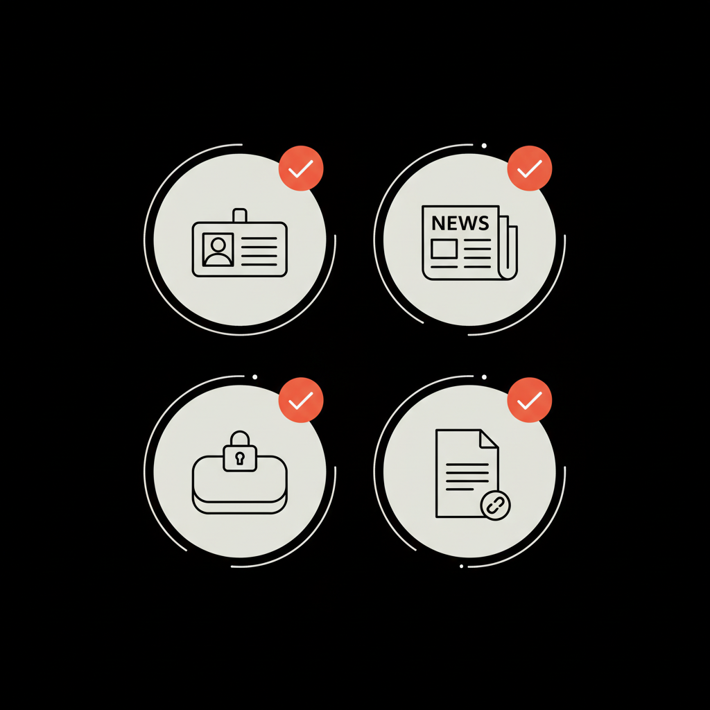 Minimal 2D vector checklist infographic for verified on Instagram: four flat icons (profile card, newspaper, handle with lock, document) each with orange checkmark in brand colors.