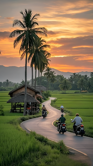 Tropical Motorcycle Journey Palm Trees Rice Fields Asia - Free mobile Wallpaper