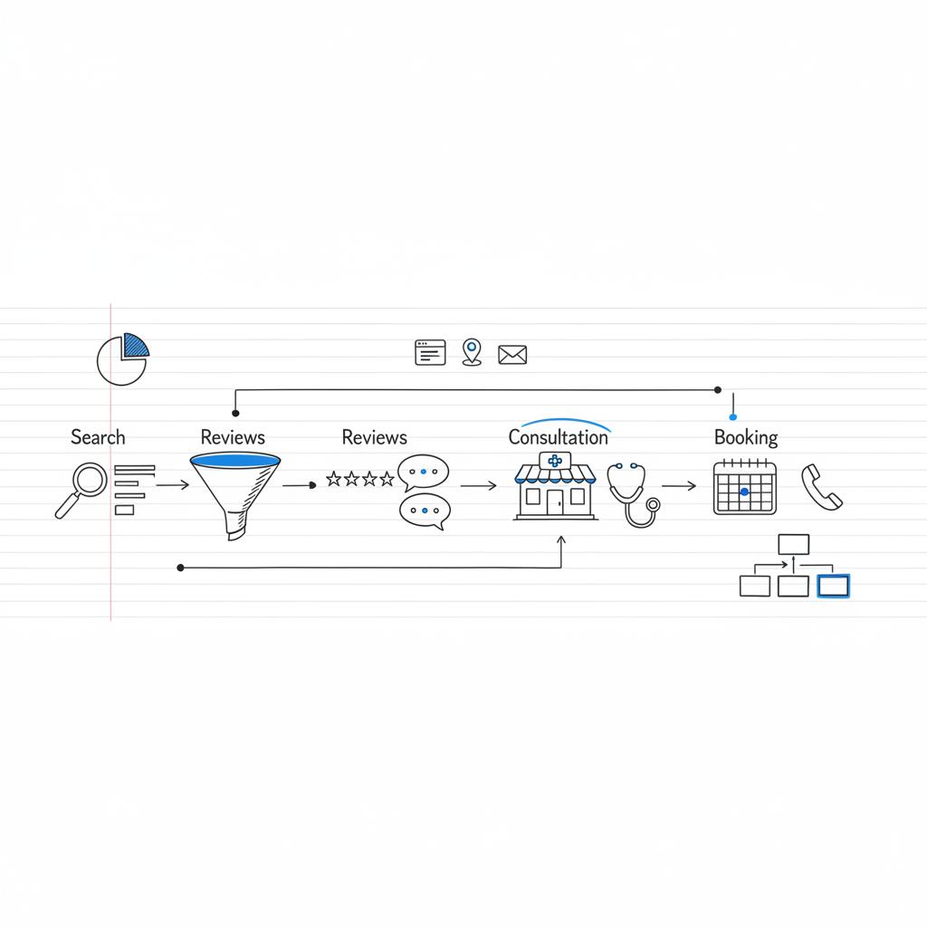 How do doctors advertise? Minimalist vector notebook-style funnel sketch showing patient acquisition stages&mdash;search, reviews, consultation (clinic sketch), and booking (calendar and phone) on white.
