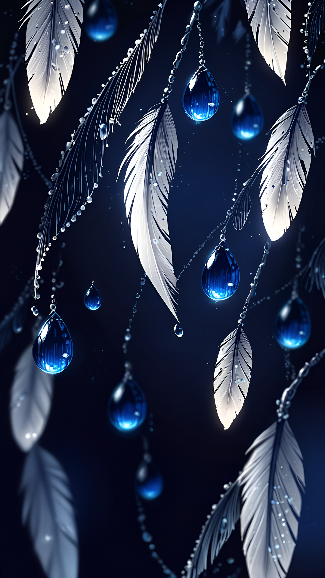 Elegant White Feathers with Deep Blue Gemstone Drops - Free 4K mobile Wallpaper