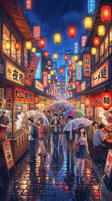 Vibrant Anime Style Night Market with Lanterns and Rain - Free mobile Wallpaper