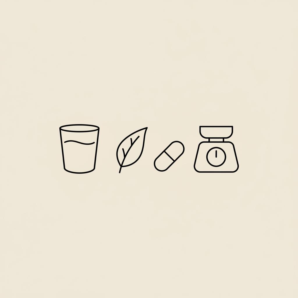 Minimalist line illustration of a water glass, tea leaf, capsule and scale on beige background representing best drink to lower blood sugar