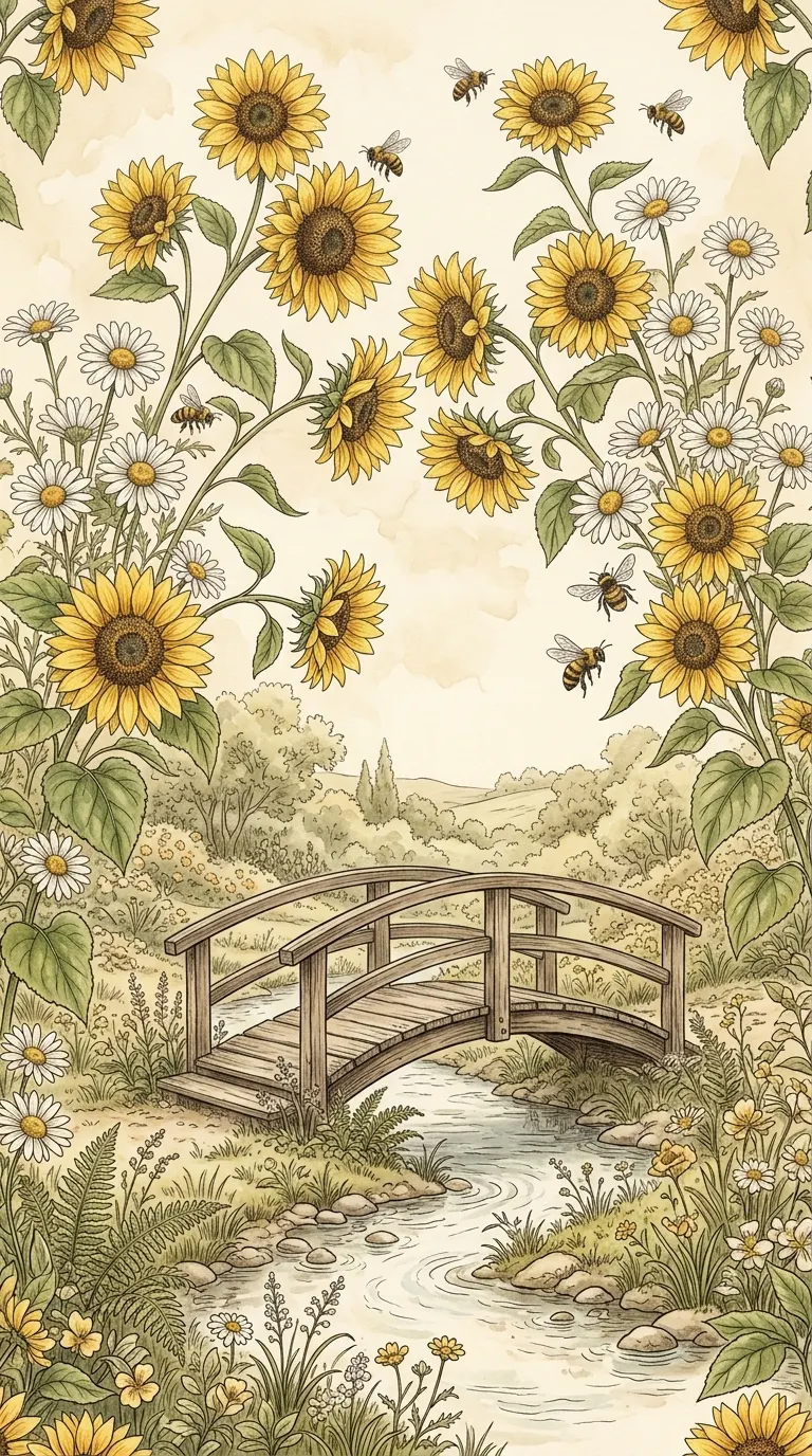 Vintage Style Botanical Illustration with Sunflowers and Wooden Bridge - Free 4K mobile Wallpaper