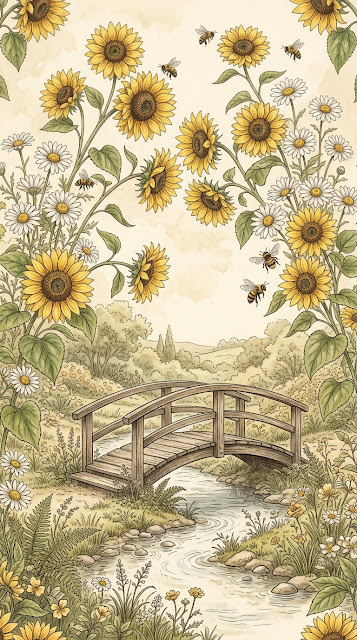 Vintage Style Botanical Illustration with Sunflowers and Wooden Bridge - Free mobile Wallpaper