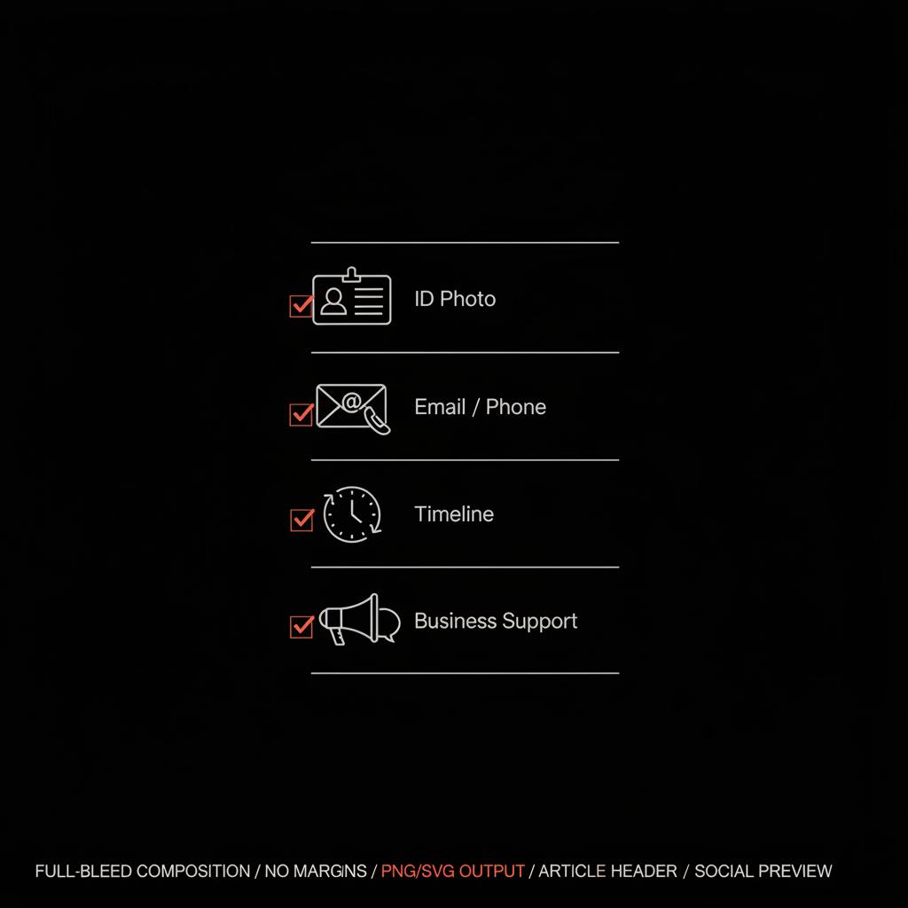 Minimal infographic checklist showing ID photo, email/phone, timeline, and business support steps for facebook account reactivation, black background and brand colors.