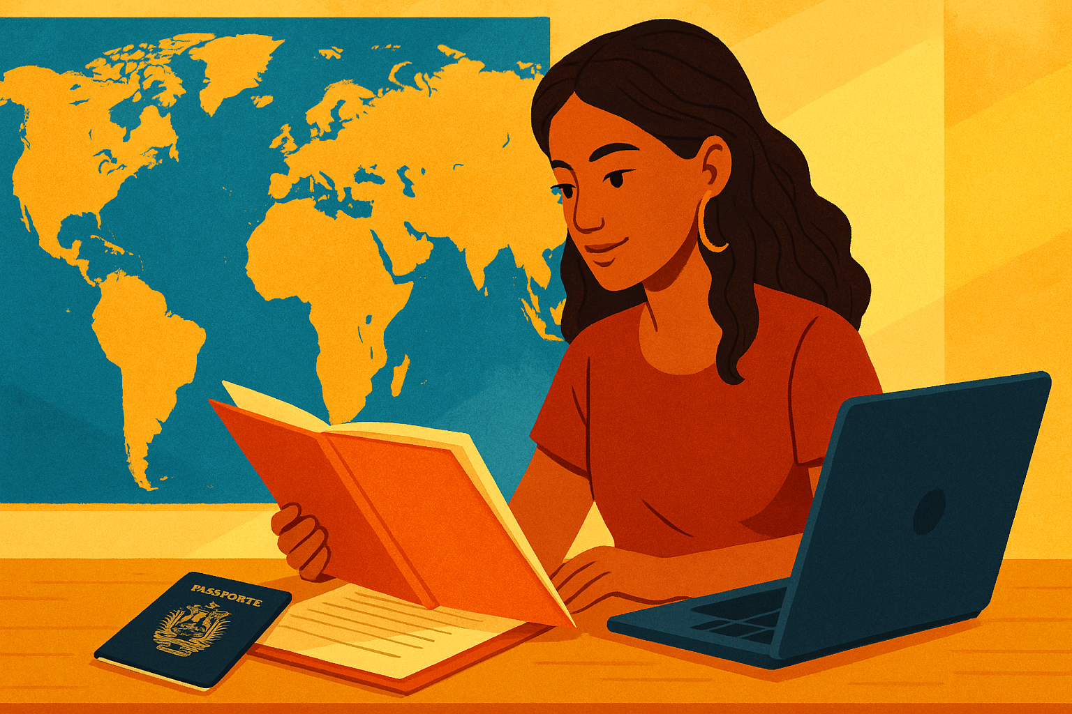 Venezolana revisando documentos y apostilla en el exterior con carpeta y pasaporte