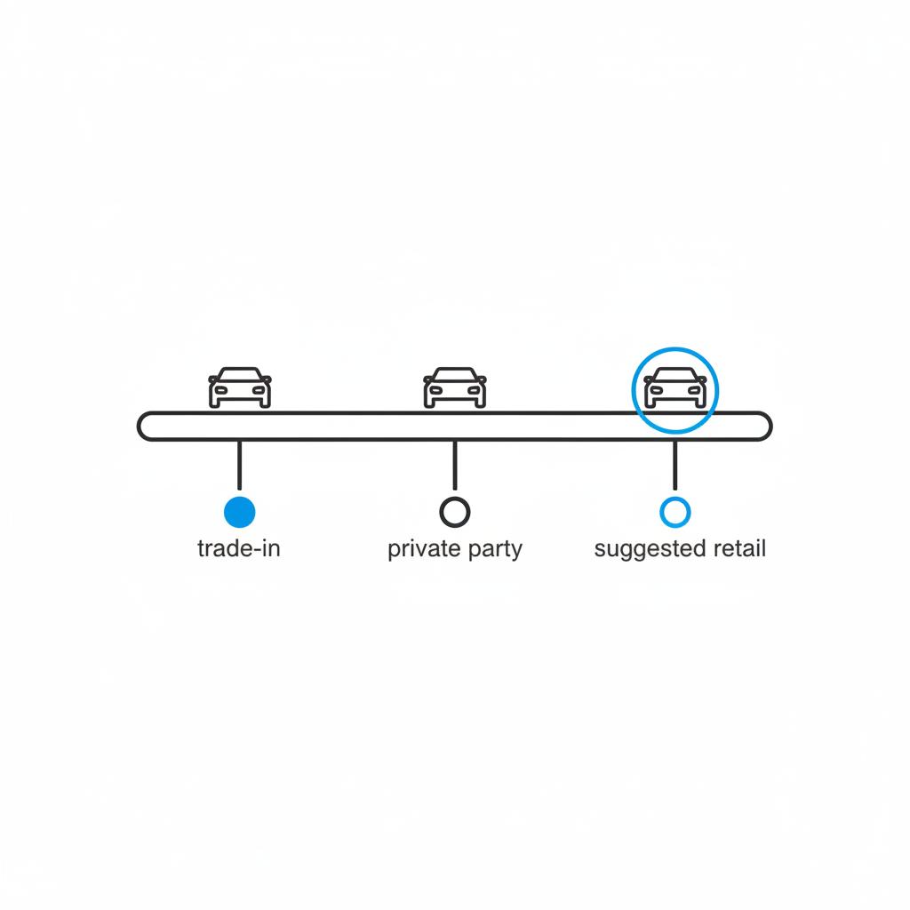 Minimalist vector pricing scale showing trade in left private party center and suggested retail right concept with nada blue book value in CarFax Deals blue and dark ink on white background