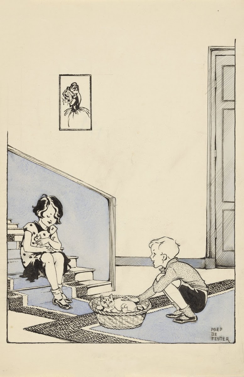 Twee kinderen bij een nest met kittens 1928 1941
