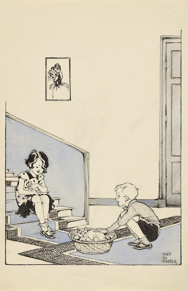 Twee kinderen bij een nest met kittens 1928 1941