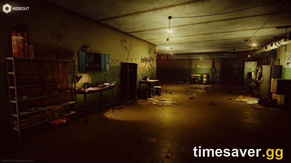 The interior of a low-level Escape from Tarkov hideout before crafting stations are built