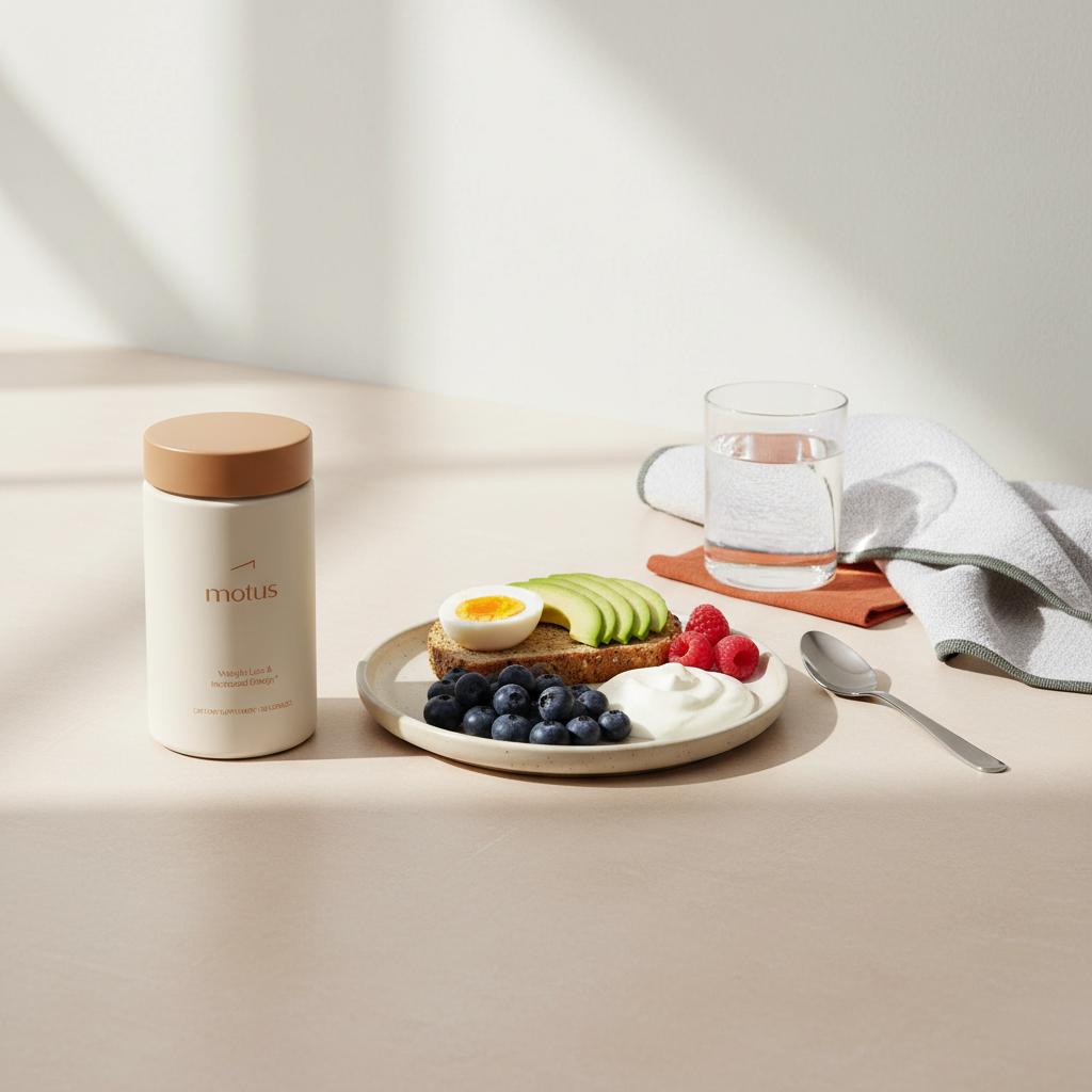Motus supplement jar on a minimalist kitchen counter with balanced breakfast, berries and folded towel, lifestyle image promoting lower belly pooch weight loss.