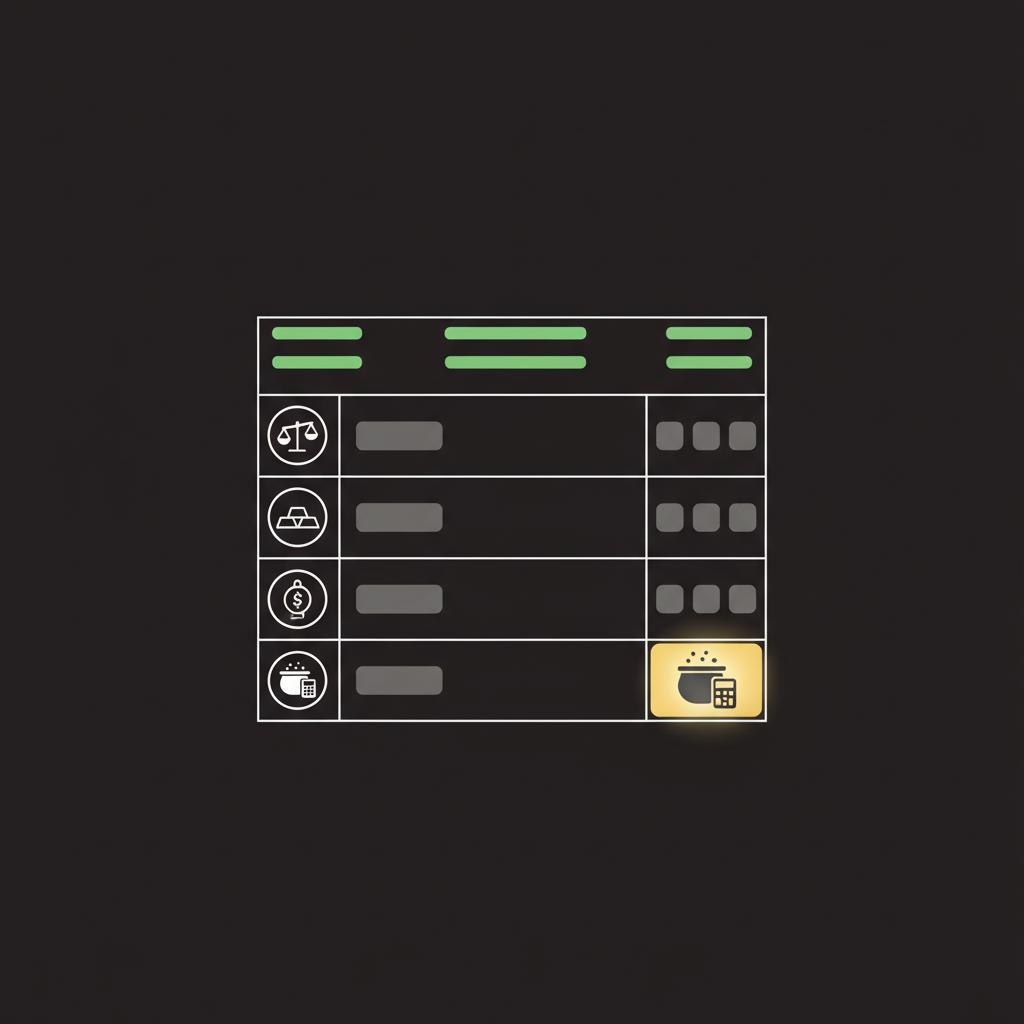 Minimal 2D vector spreadsheet mockup with icon based cells for gross weight fineness spot price and computed melt value in Finance Police colors how to buy gold on stock market