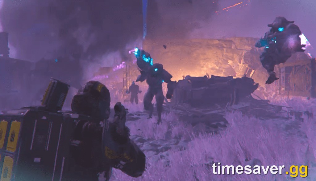Helldivers 2 Helldiver aiming at flying Elevated Overseers during an Illuminate battle