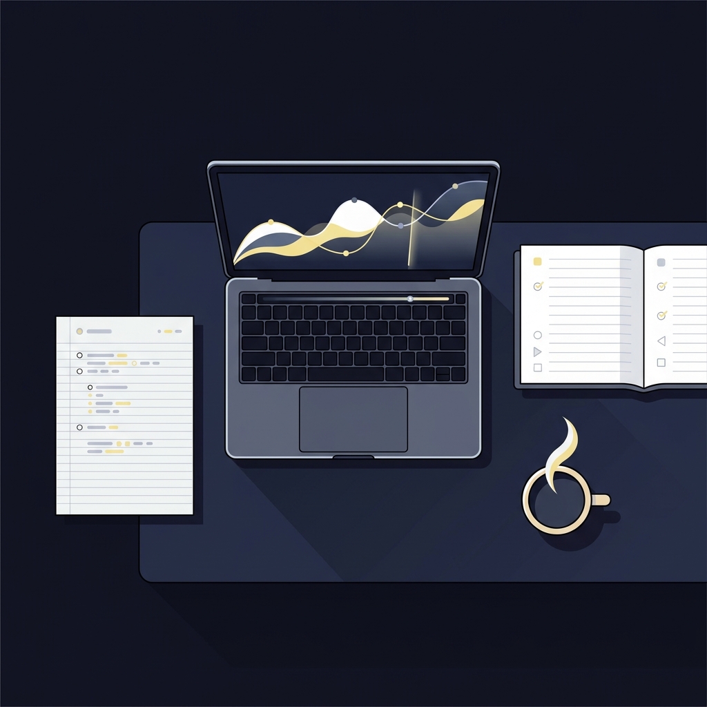 Minimalist 2D vector trader desk with laptop showing live lines open trade journal and coffee highlighting Trading College Basketball Rivalry Games
