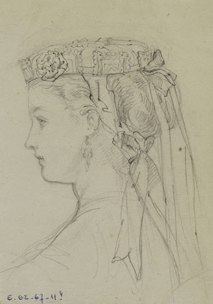 Tête féminine de profil avec toque à fleurs et rubans noués derrière 1867
