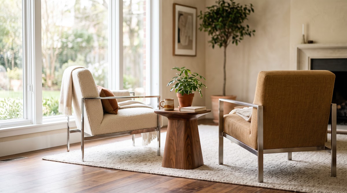 How to Soften Chrome Accent Chairs With Warm Textiles - chrome accents used in living room bedroom and dining room