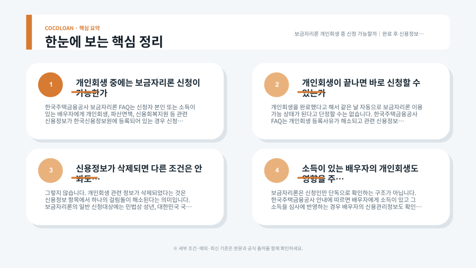 개인회생 중과 완료 후 보금자리론 신청 가능 여부를 구분한 주택금융 심사 개념 이미지