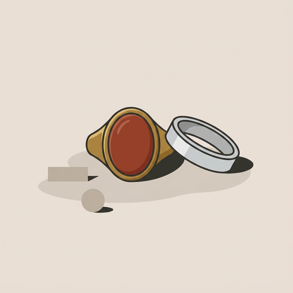 Minimalist 2D vector styling of a roman carnelian ring centered on a warm neutral background with a contrasting cool silver band and a subtle amber accent