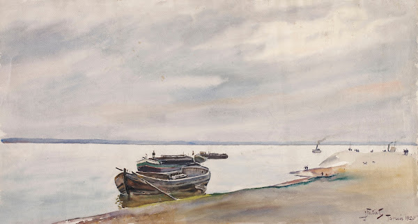 Boats and steamship on the Vistula near Toruń 1920