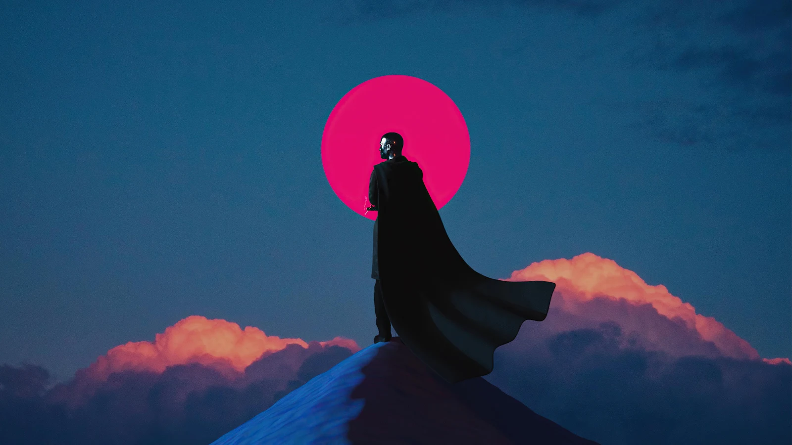 Dark Figure Under Neon Sun - Synthwave Digital Art 4K Wallpaper (3840x2160)