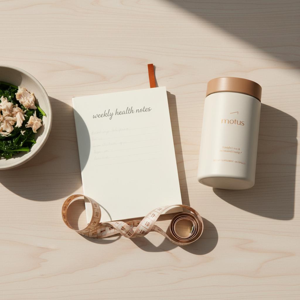 Minimalist tabletop scene with Tonum Motus supplement bottle beside a notebook titled weekly health notes, tape measure and bowl of fish and greens, focused on taurine.