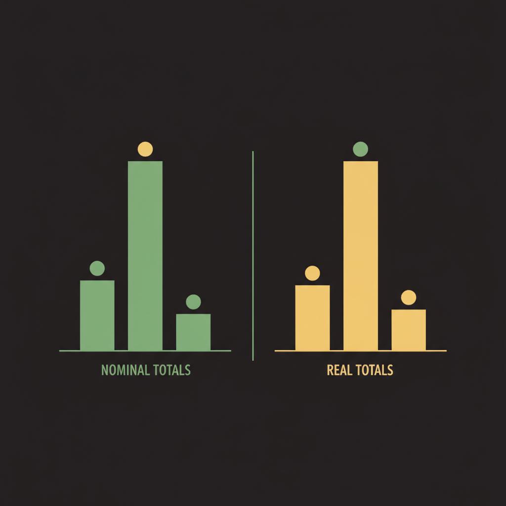 Side by side 2D vector chart comparing nominal totals and inflation adjusted real totals for three example rates minimalist Finance Police colors how can i start a hedge fund